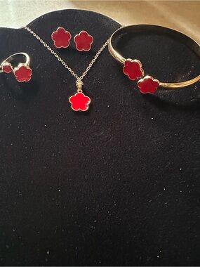 Red Enamel Leaf Flower Jewelry Set - Necklace, Earrings, Ring, Bangle